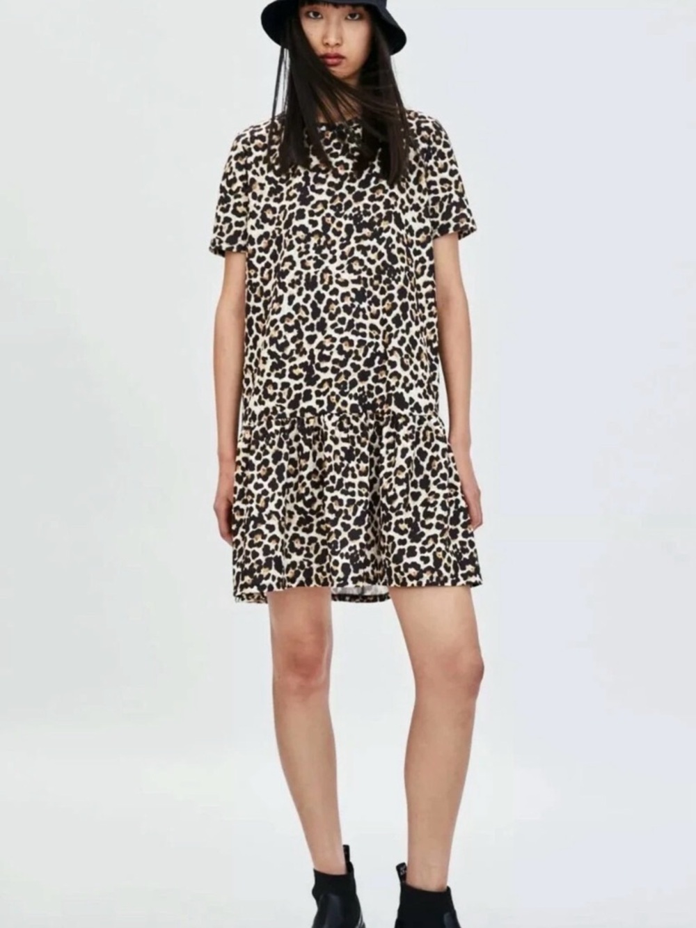 Zara Leopard Print Short-Sleeve Mini Dress in Brown and Black